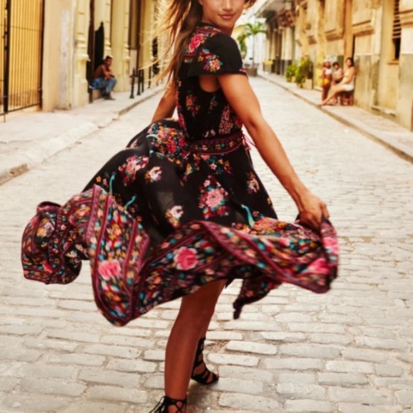 Boho Floral Print Black V neck High Low Dress - Picture 3 of 5